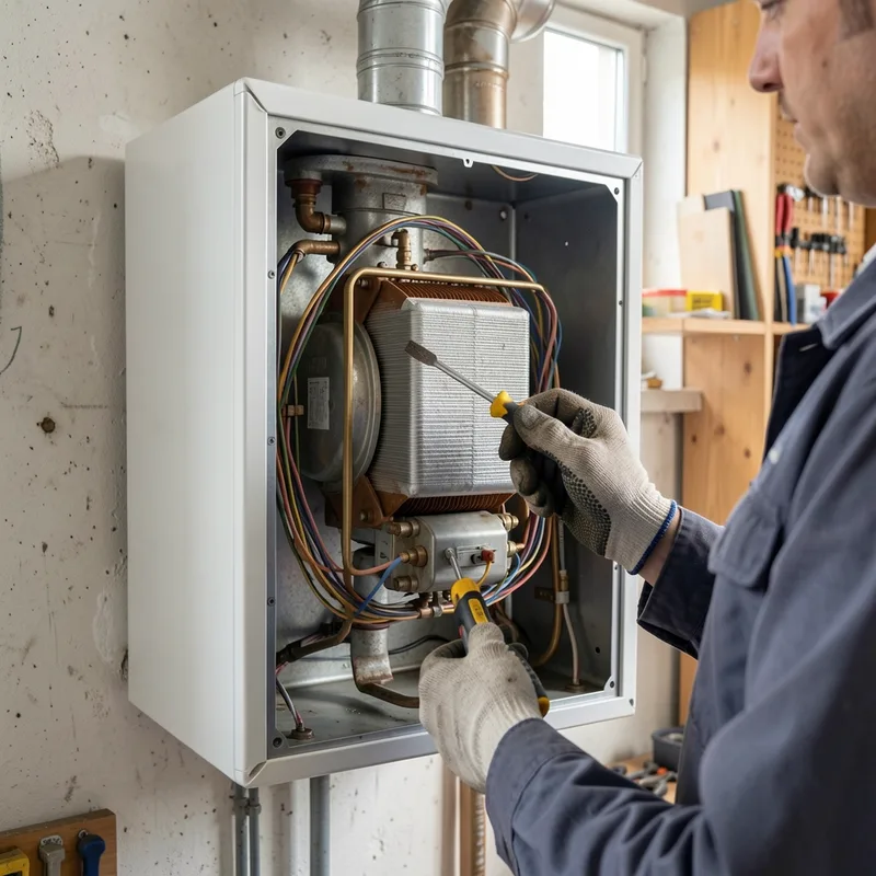 Chaudière murale à gaz à condensation ouverte lors d&rsquo;une intervention technique