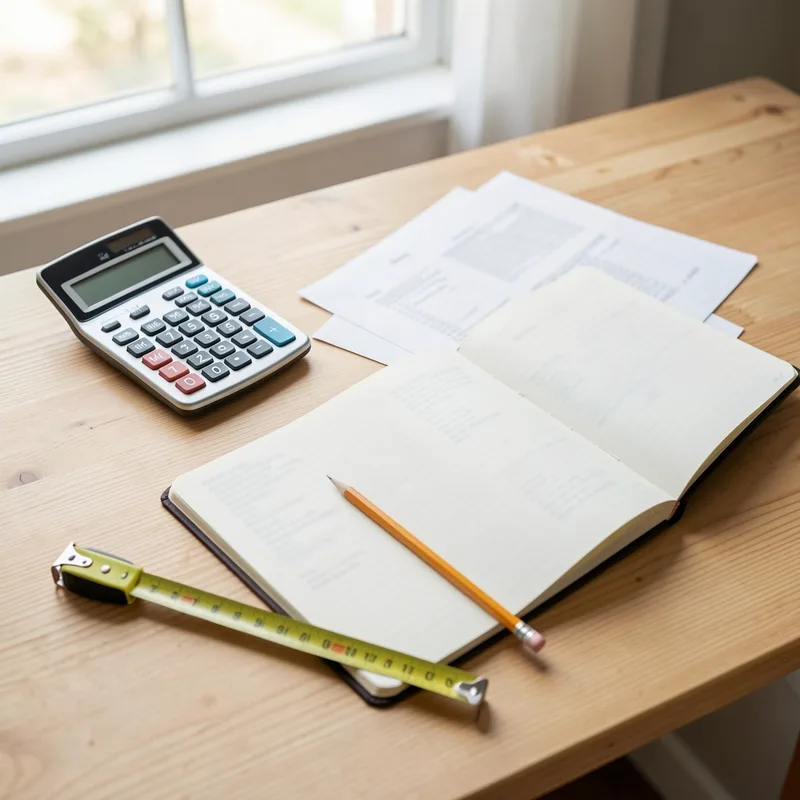 Calculatrice, carnet et documents techniques posés sur un plan de travail