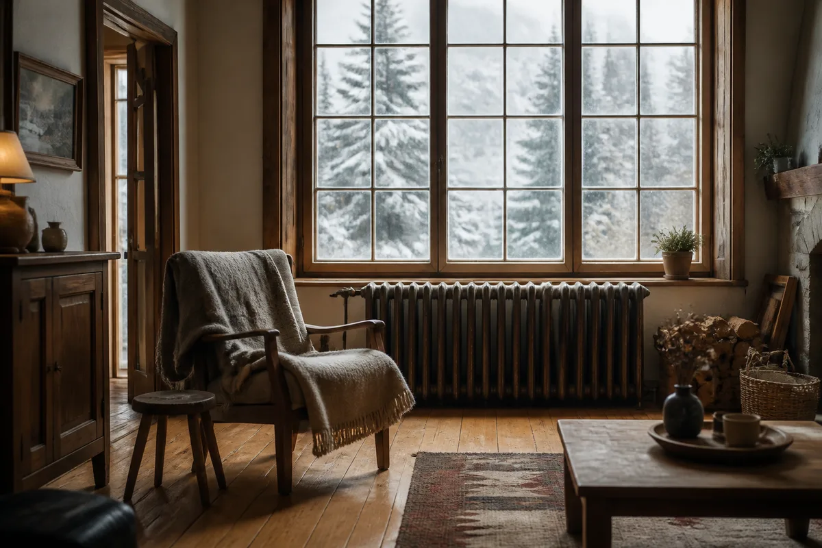 Radiateur en fonte sous une fenêtre givrée d’une maison des Hautes-Vosges