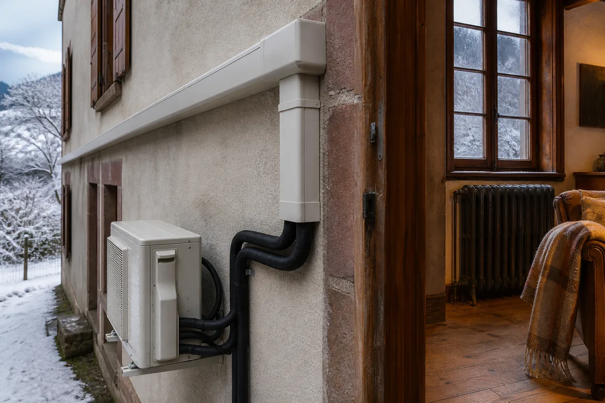 Détail de liaisons frigorifiques isolées et goulotte technique le long d&rsquo;une façade