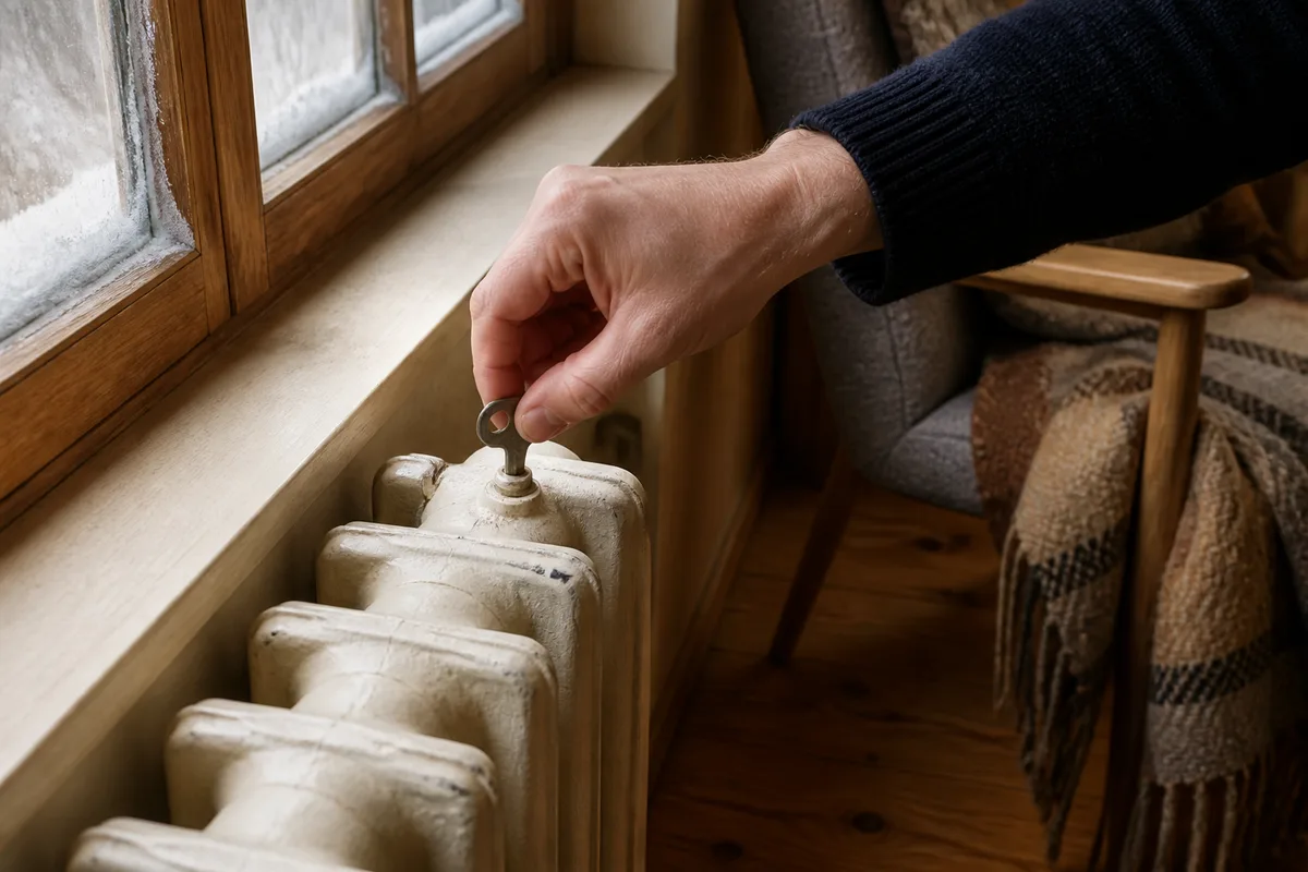 Main tenant une clé de purge sur le purgeur en partie haute d&rsquo;un radiateur en acier