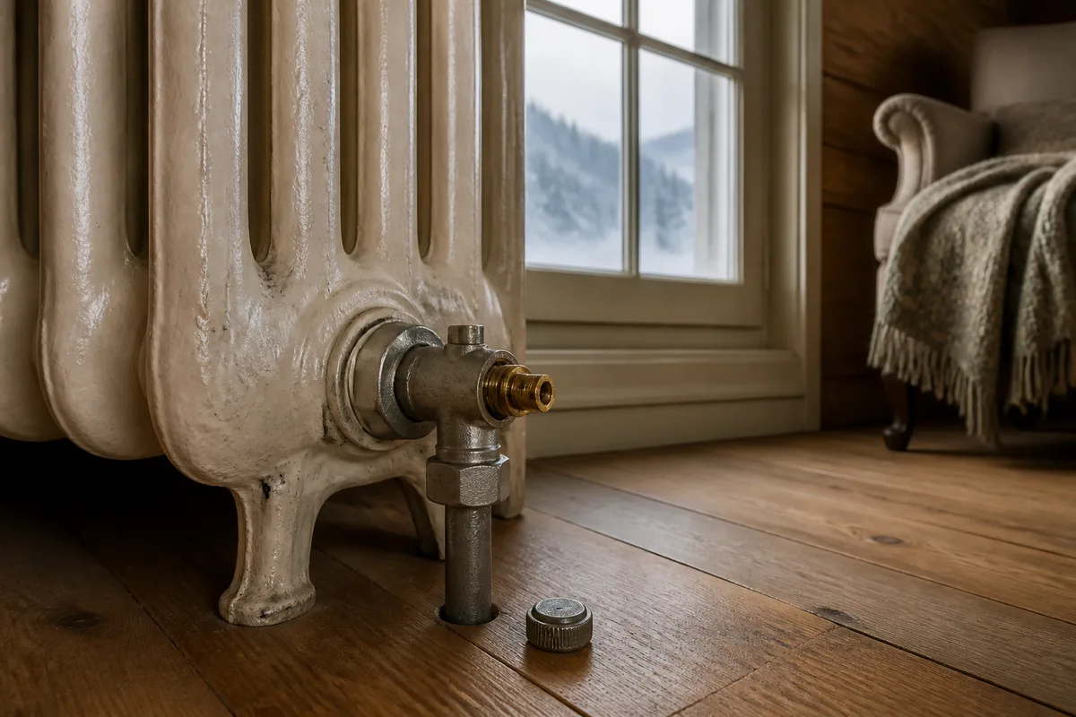 Té de réglage sur le retour d&rsquo;un radiateur avec bouchon de protection déposé