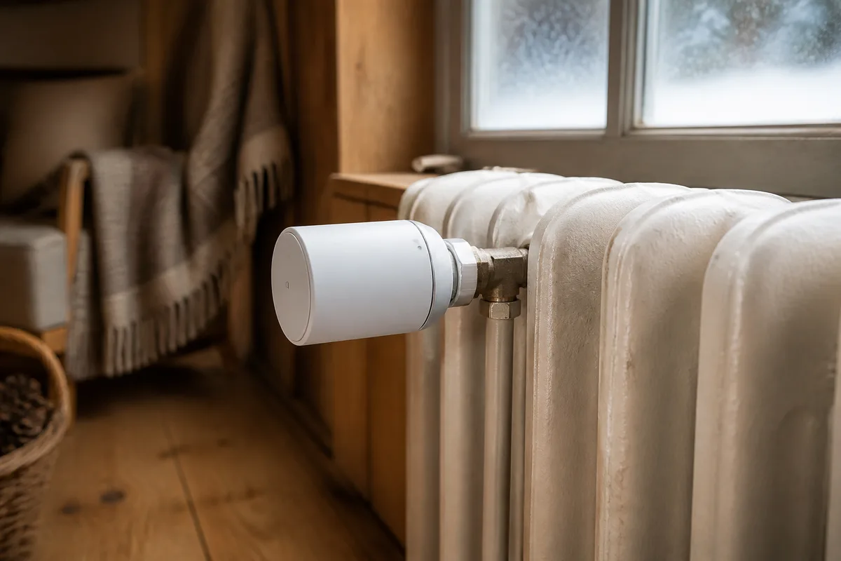 Tête thermostatique connectée montée sur un radiateur à eau chaude