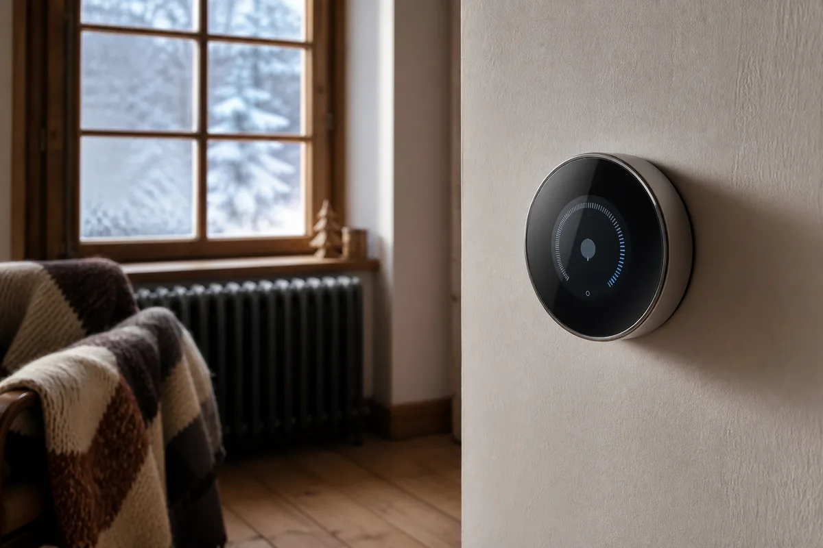 Écran d’un thermostat d’ambiance connecté fixé sur un mur clair